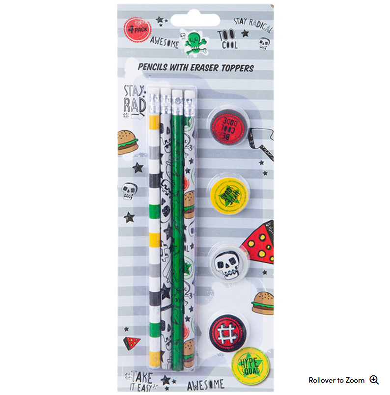 Pencils with Eraser Toppers (Pack of 4) | Too Cool