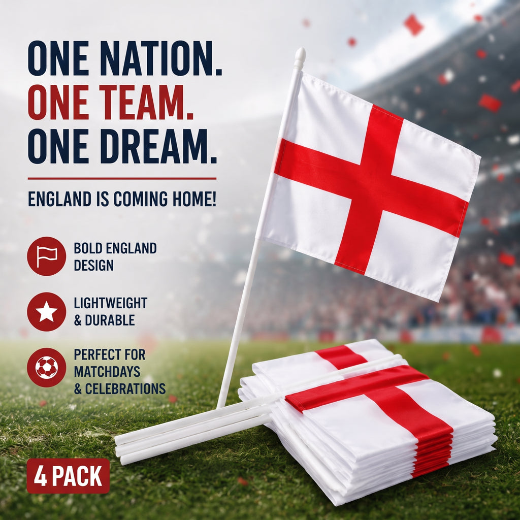4 x England Hand Flags with Sticks | BUY 1 GET 1 FREE