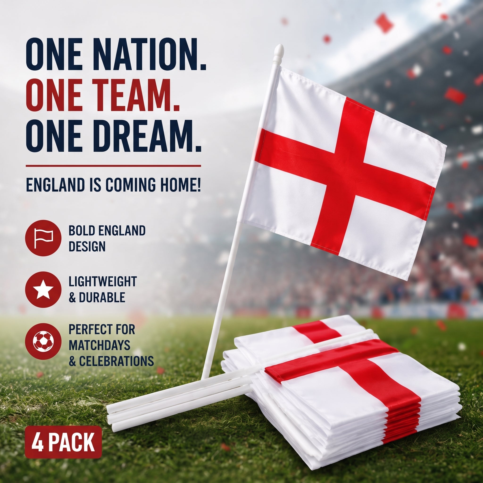 4 x England Hand Flags with Sticks | BUY 1 GET 1 FREE