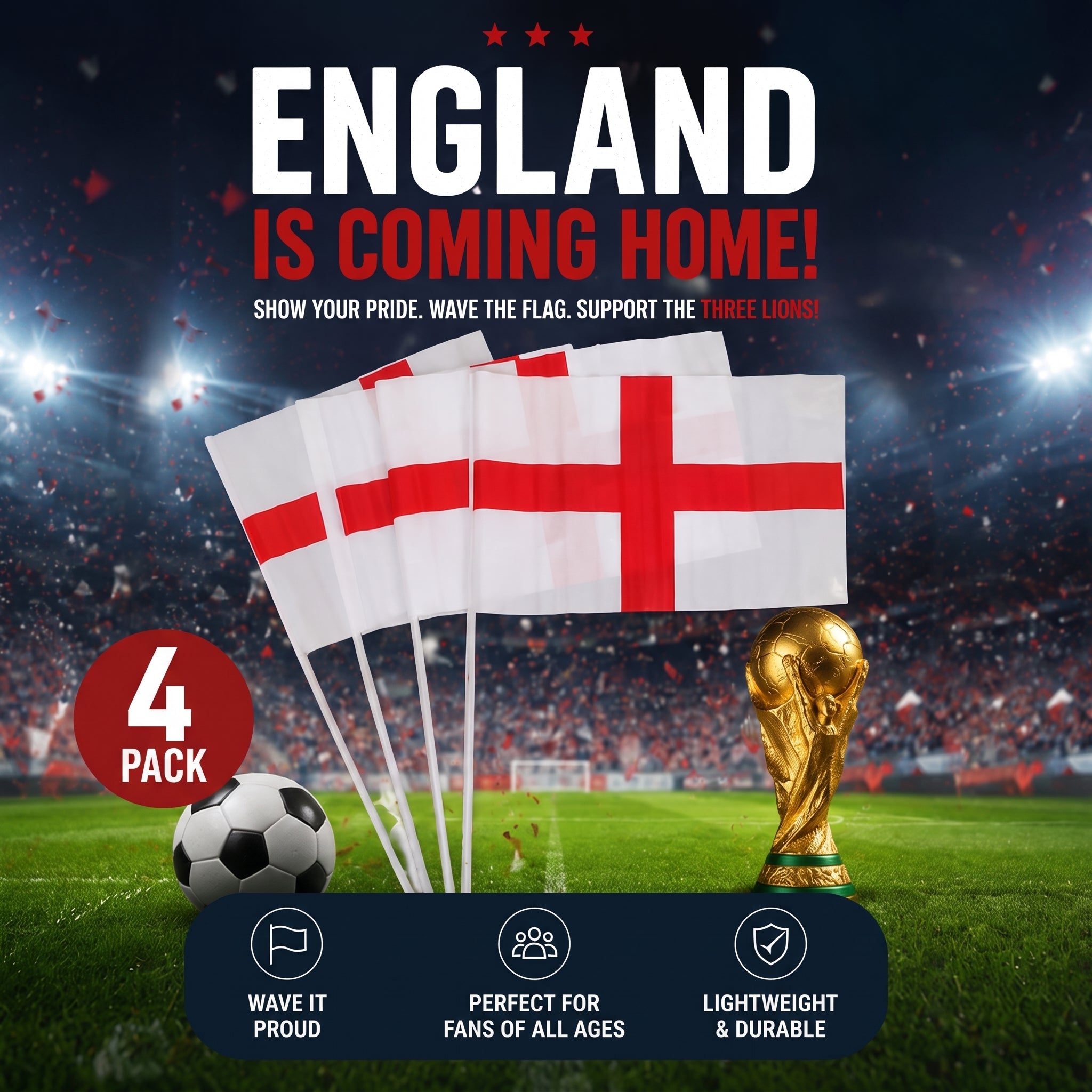 4 x England Hand Flags with Sticks | BUY 1 GET 1 FREE