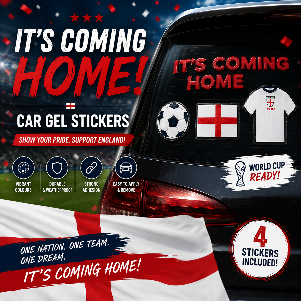 4 x England Car Gel Stickers | BUY 1 GET 1 FREE