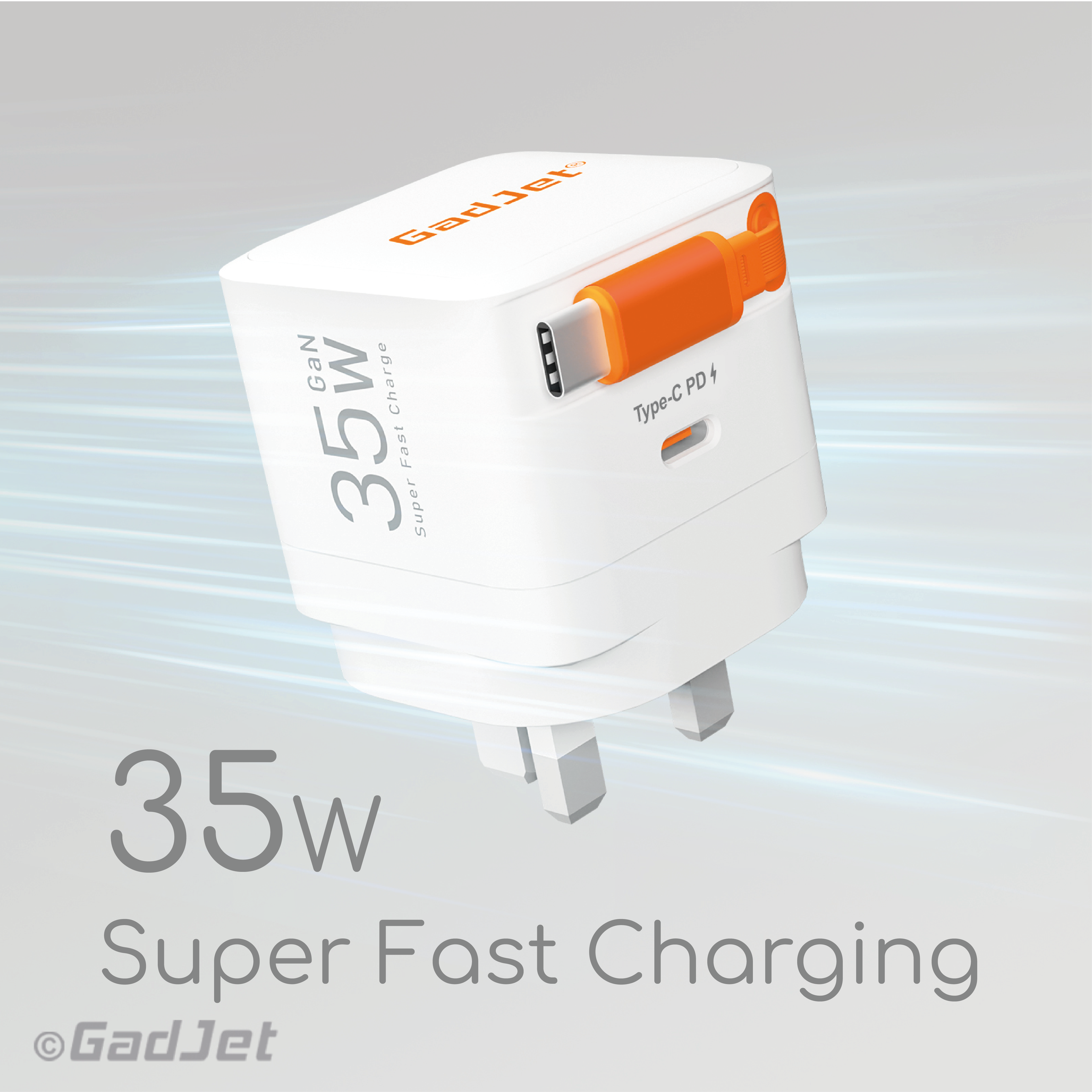 GadJet 35W GaN Super Fast Power Adapter with Built-in Retractable Type-C PD 3.0 Cable