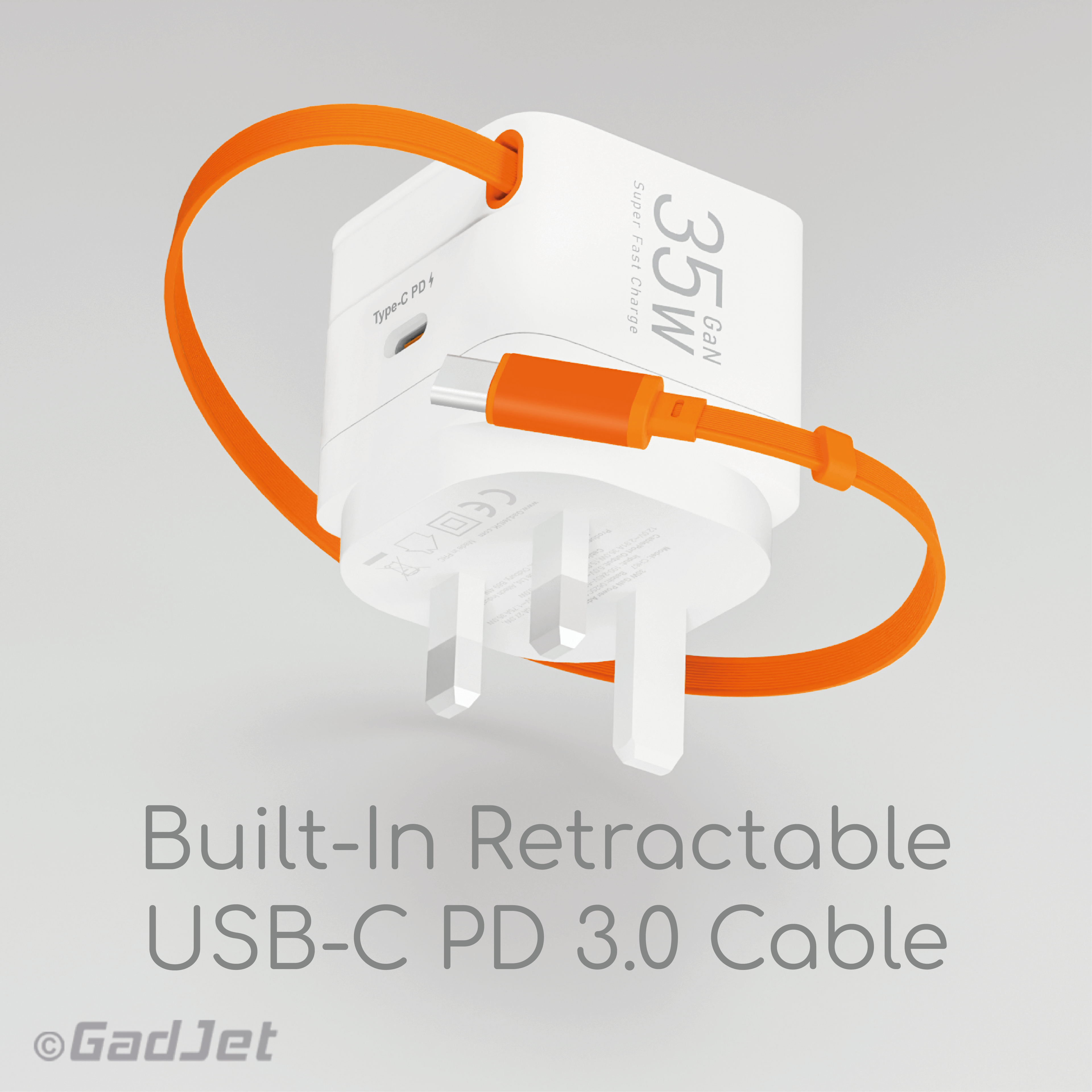 GadJet 35W GaN Super Fast Power Adapter with Built-in Retractable Type-C PD 3.0 Cable