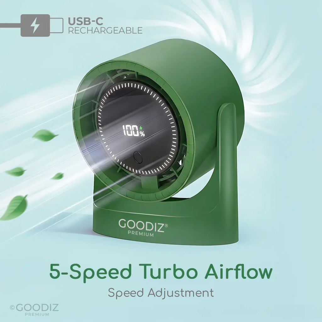 Goodiz AirGlow Rechargeable Desk Fan with LED Display & Ambient Lighting