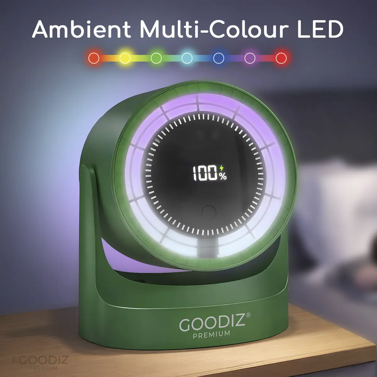 Goodiz AirGlow Rechargeable Desk Fan with LED Display & Ambient Lighting